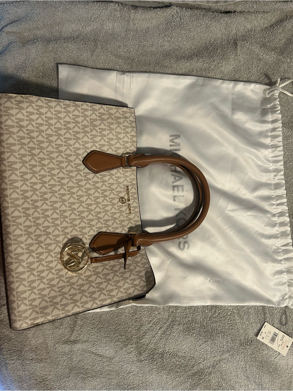 Michael Kors Cream Logo Satchel with Brown Trim and Gold Hardware
